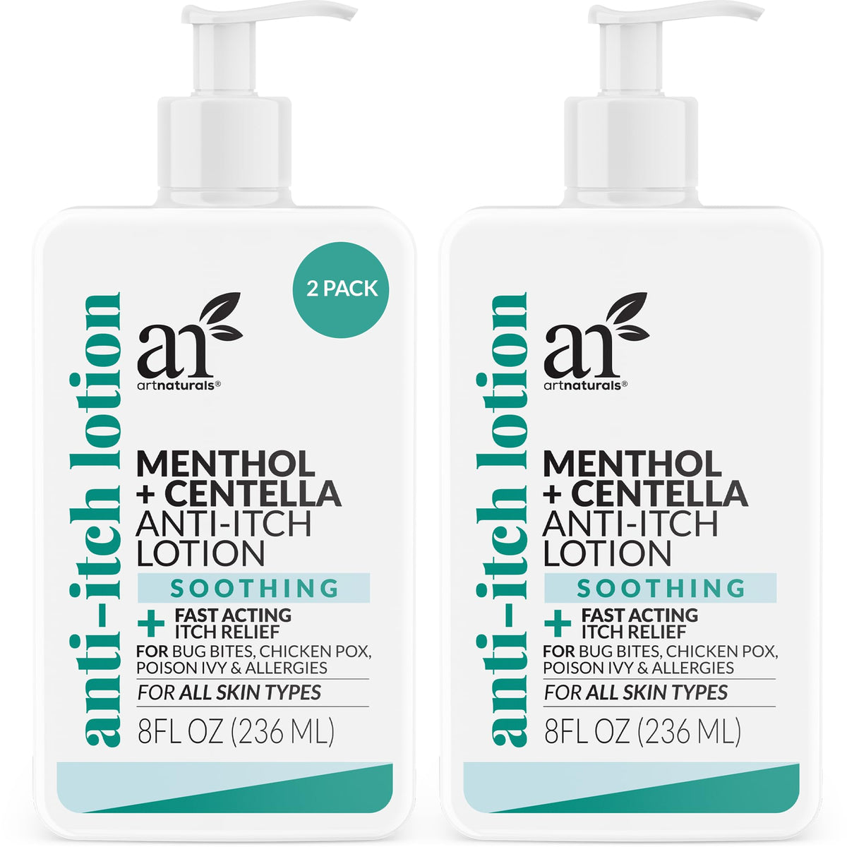 Artnaturals Anti-Itch Lotion bottle front with menthol and centella for cooling relief.