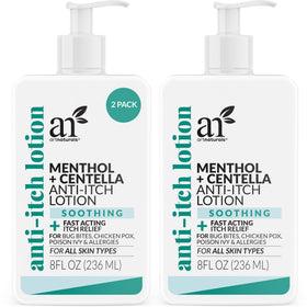 Artnaturals Anti-Itch Lotion bottle front with menthol and centella for cooling relief.