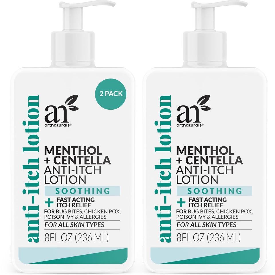 Artnaturals Anti-Itch Lotion bottle front with menthol and centella for cooling relief.