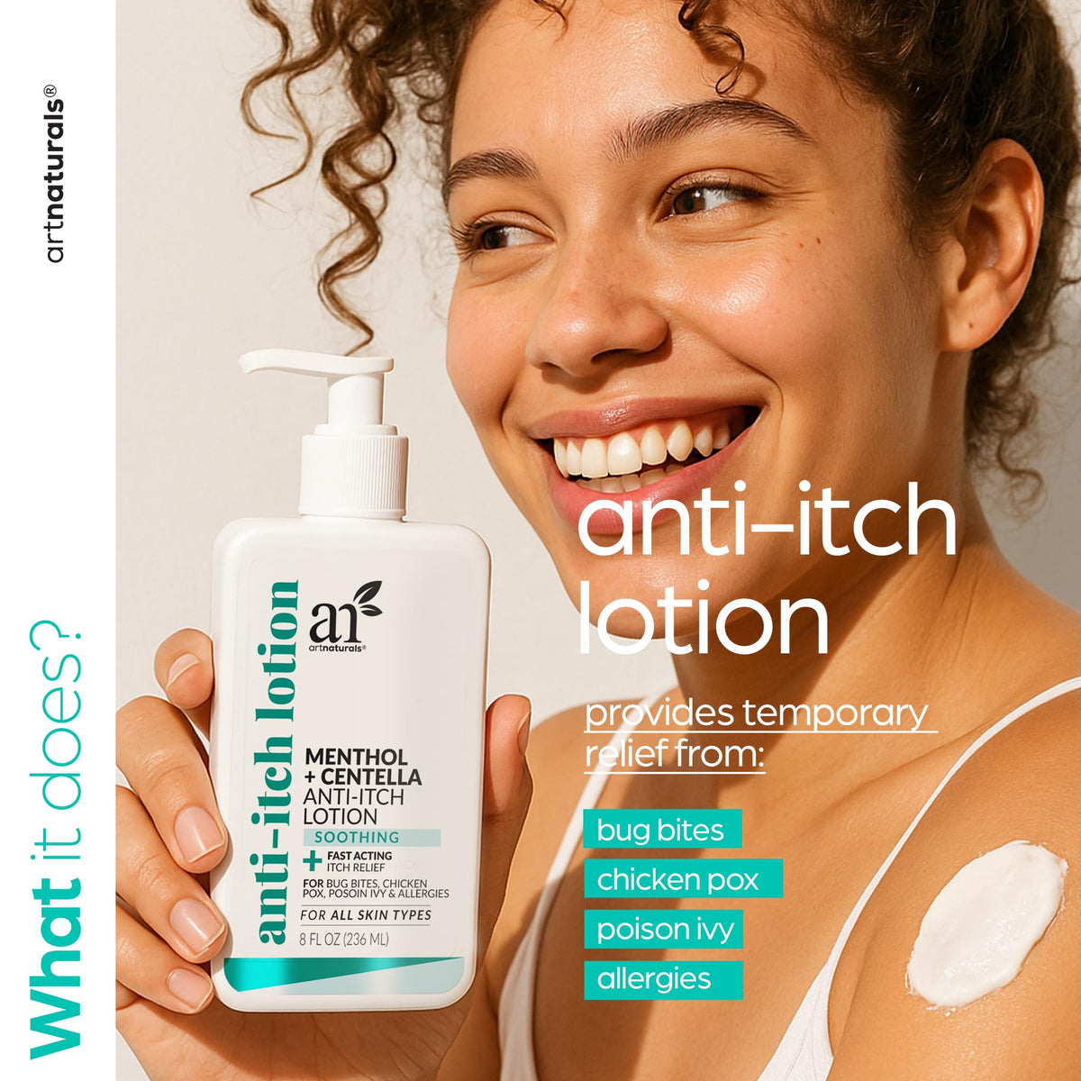 Artnaturals Anti-Itch Lotion label back highlights vegan and paraben-free formula.