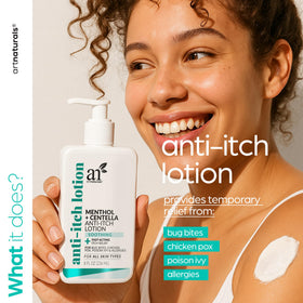 Artnaturals Anti-Itch Lotion label back highlights vegan and paraben-free formula.