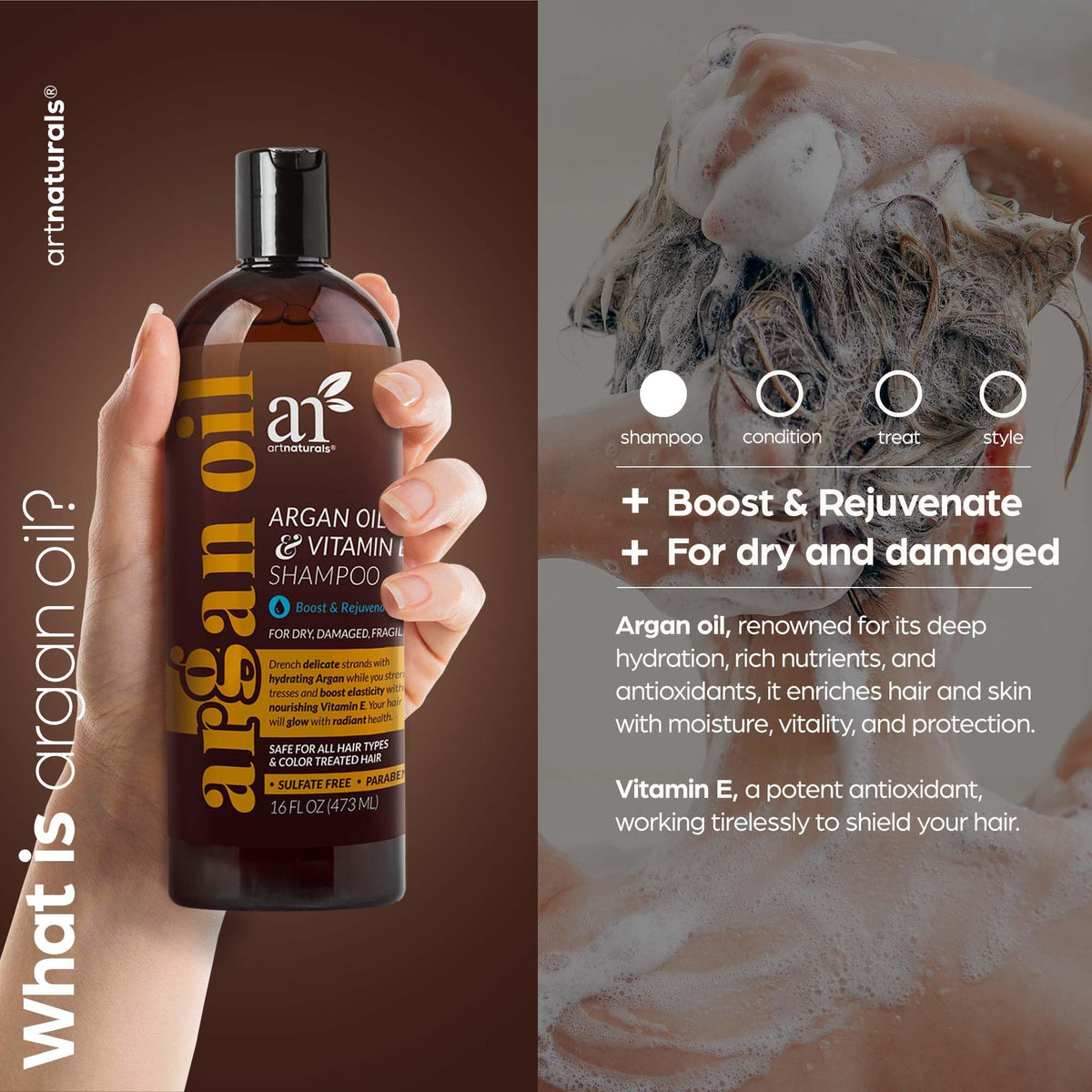 ArtNaturals Argan Hair Growth Shampoo lather demonstrating cleansing action for thicker hair