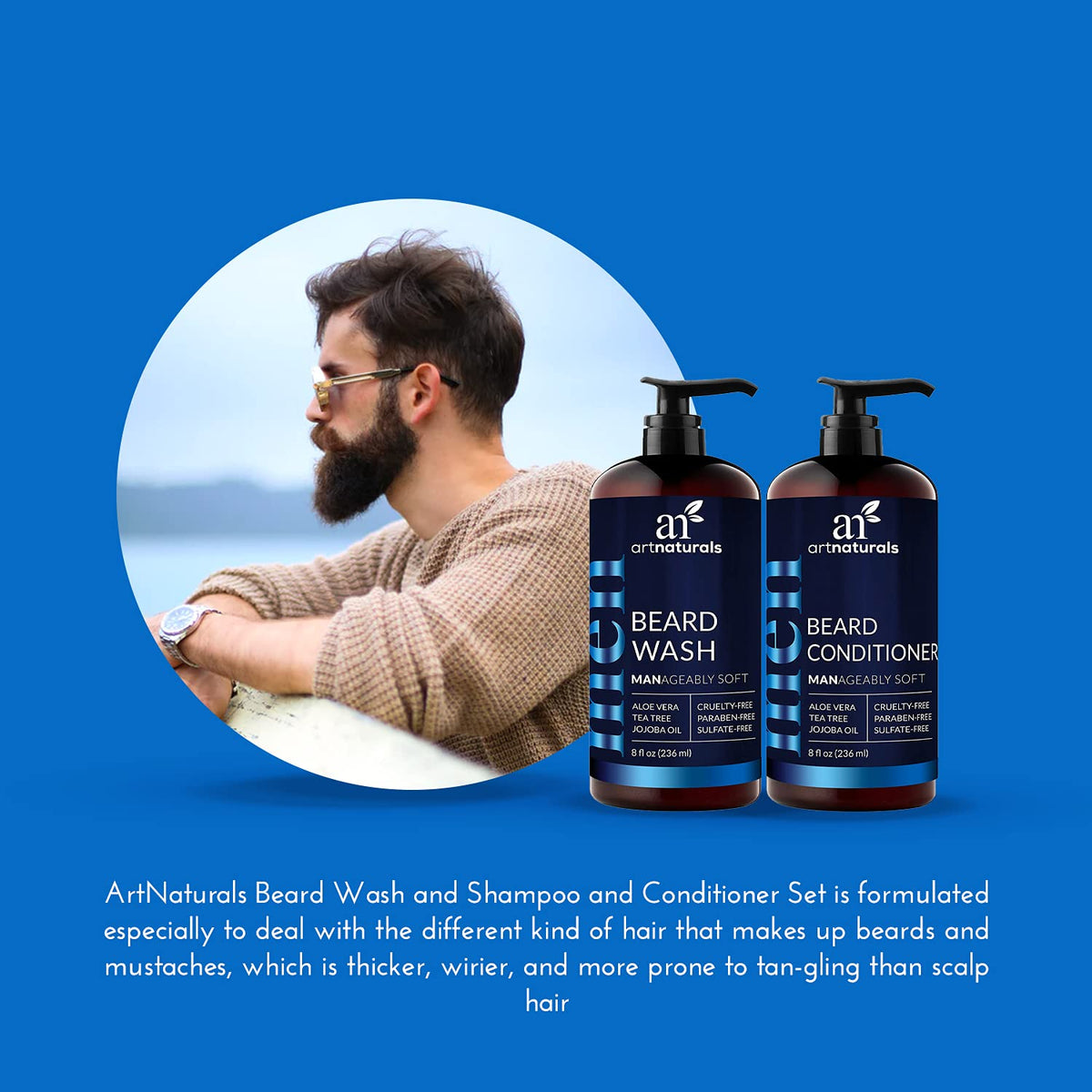 Artnaturals Beard Conditioner bottle pump showing smoothing and detangling benefits
