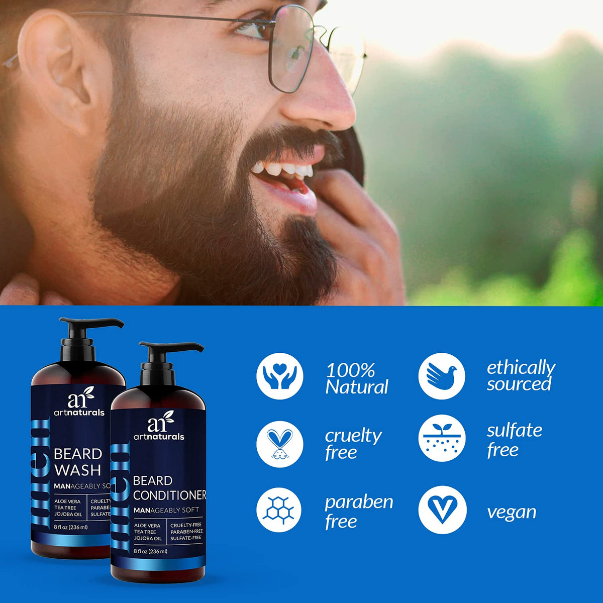 Artnaturals natural oils bottle highlighting nourishing ingredients for beard care