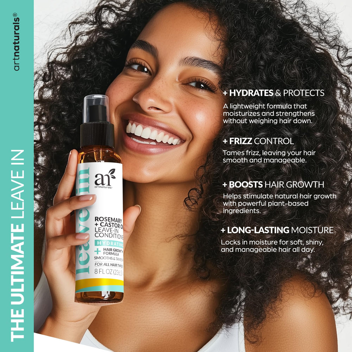 Artnaturals rosemary-castor leave-in spray demonstrates easy application and smooth hair.