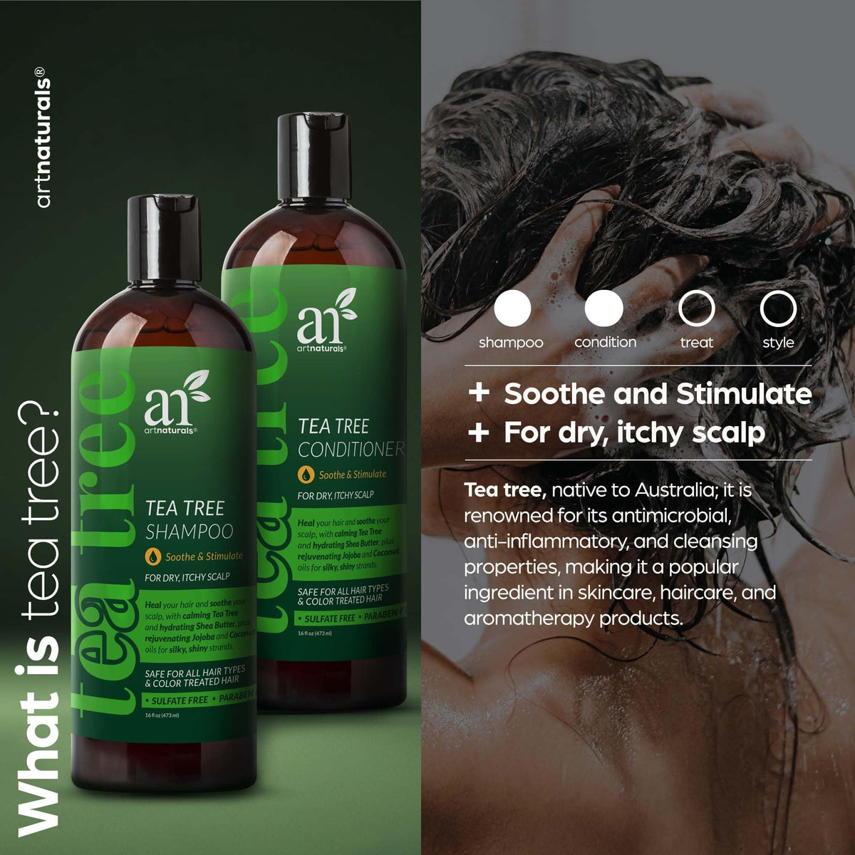 ArtNaturals Tea Tree Conditioner bottle providing moisture for dry scalp