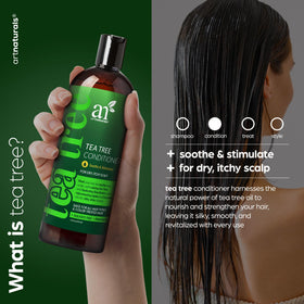 Artnaturals Tea Tree Conditioner label close-up showing tea tree oil purity.