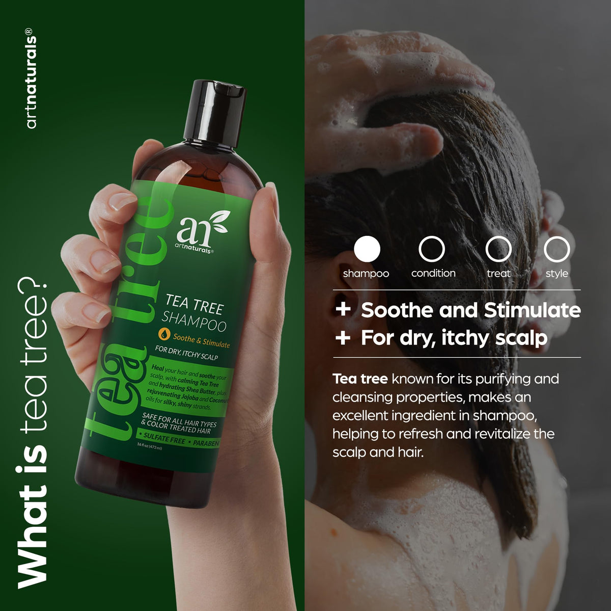 Close-up of tea tree oil drop highlighting pure essential oil for scalp cleansing.