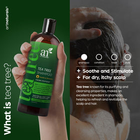 Close-up of tea tree oil drop highlighting pure essential oil for scalp cleansing.