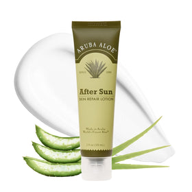 Aruba Aloe After-Sun Lotion tube applying soothing hydration to sun-exposed skin.