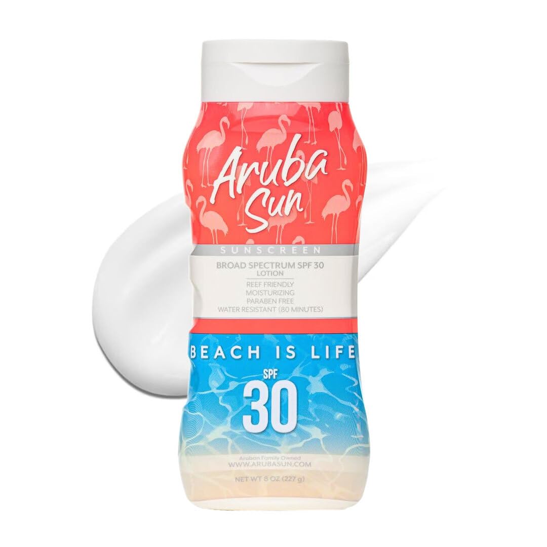 ARUBA SUN SPF 30 sunscreen lotion bottle on a sunlit beach for daily protection.