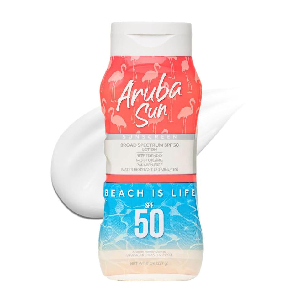 Aruba Sun SPF 50 lotion bottle 8oz for everyday sun protection.