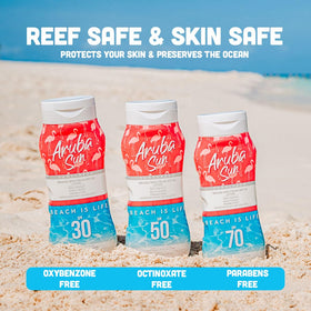 Aruba Sun reef-safe label shows oxybenzone and octinoxate-free formula.
