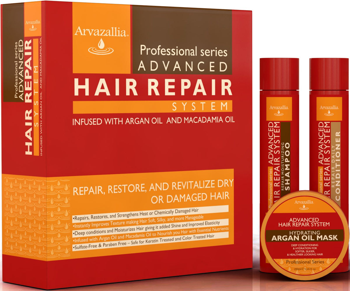 Arvazallia Advanced Hair Repair Shampoo bottle showing moisture and shine