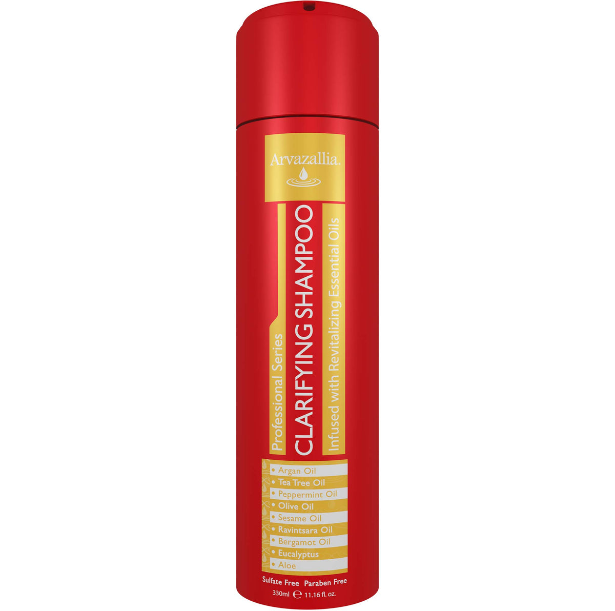 Arvazallia Clarifying Shampoo bottle pouring for a deep cleanse.