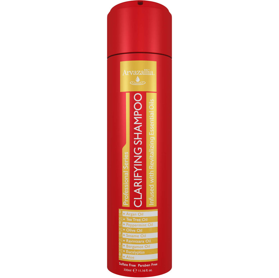 Arvazallia Clarifying Shampoo bottle pouring for a deep cleanse.