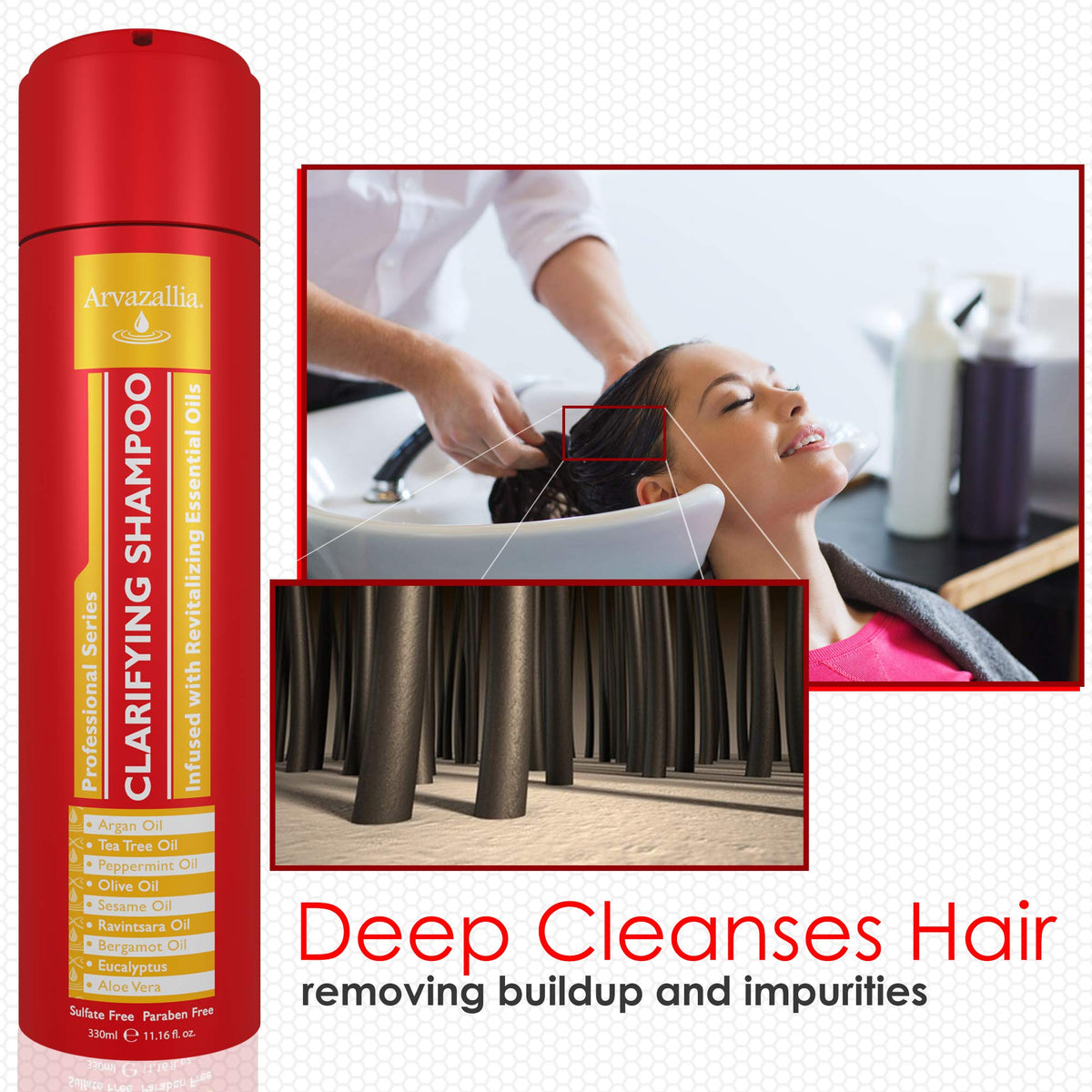 Arvazallia Clarifying Shampoo with essential oils showing nourishing blend.