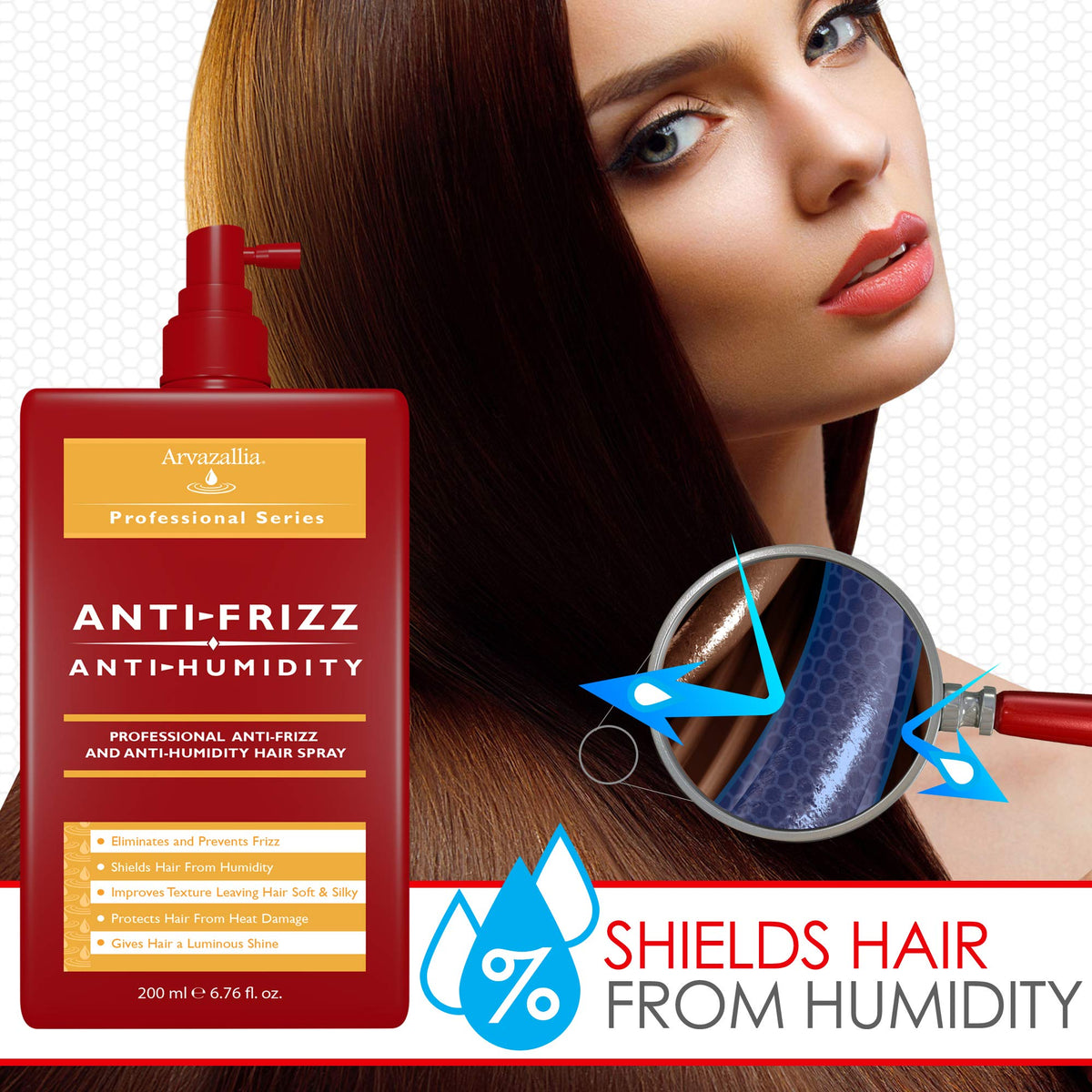 Arvazallia heat-protectant bottle guards hair from heat damage.