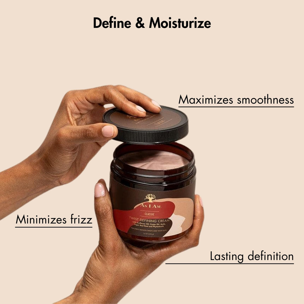 As I Am Twist Defining Cream Red hands applying curl defining product.