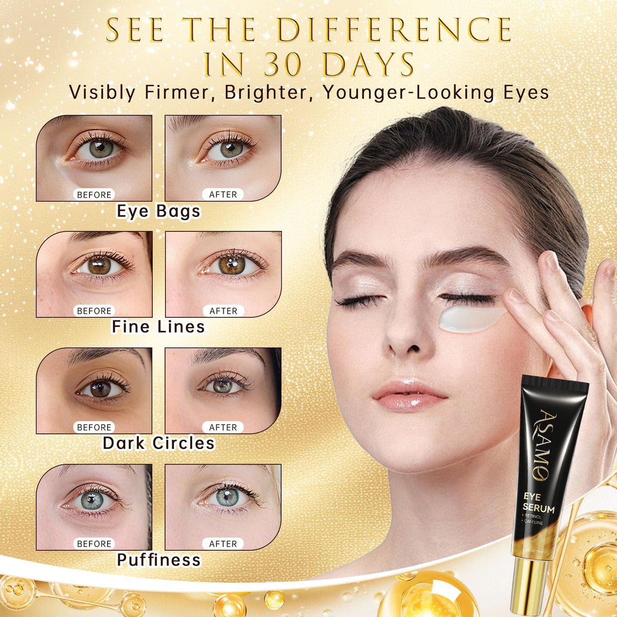 ASAMO under-eye application scene shows gentle massage for a refreshed look.