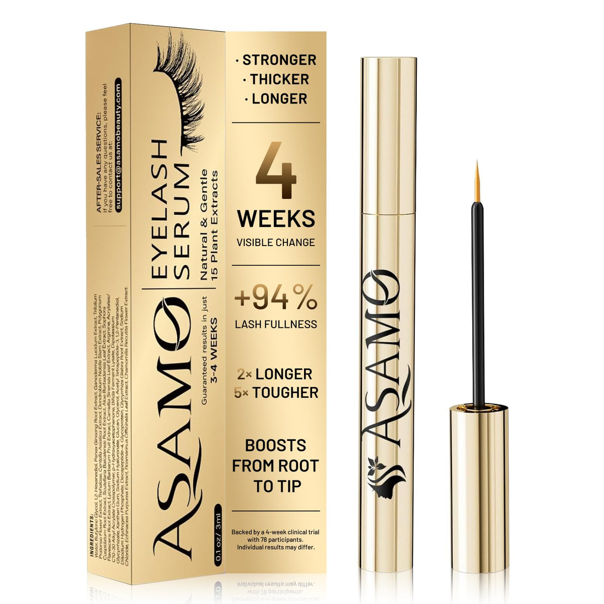 ASAMO Eyelash Serum bottle in gold for luxury lash care and growth