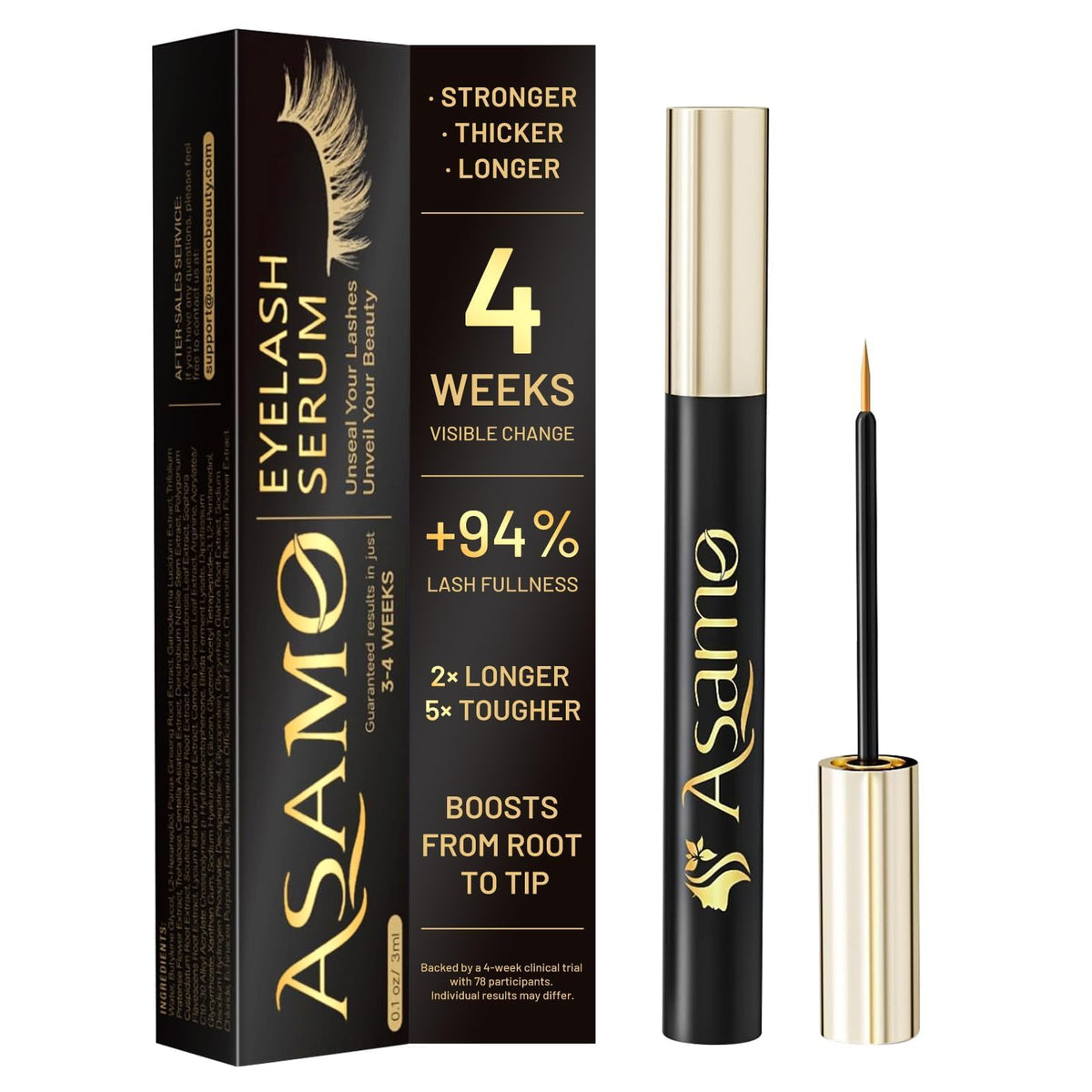 ASAMO eyelash serum bottle with golden cap for luxe daily care.