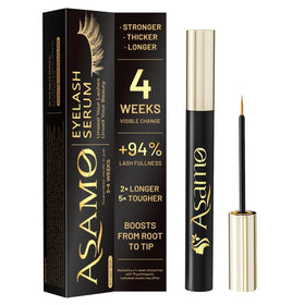 ASAMO eyelash serum bottle with golden cap for luxe daily care.