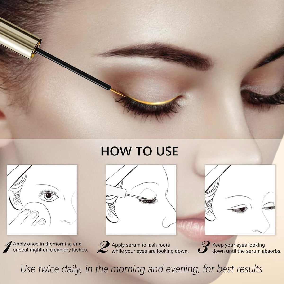 ASAMO eyelash serum vanity shot with product emphasis.