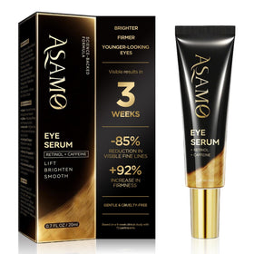 ASAMO Retinol Eye Serum bottle closeup shows firming potential.