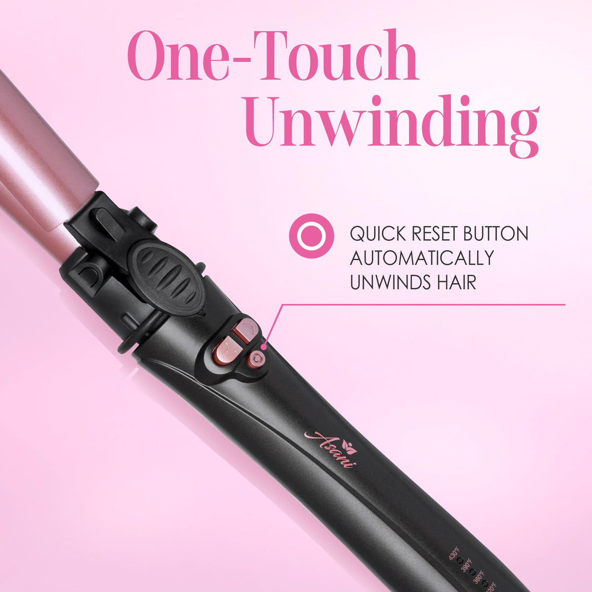 Asani automatic curling wand with left and right rotate for easy styling.