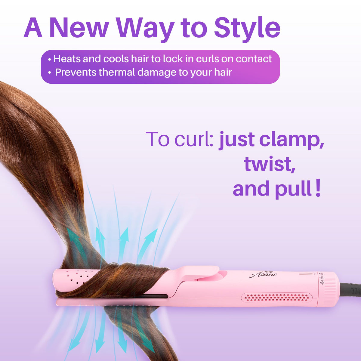 Asani cooling fan close-up highlights quick heat dissipation for comfortable styling.