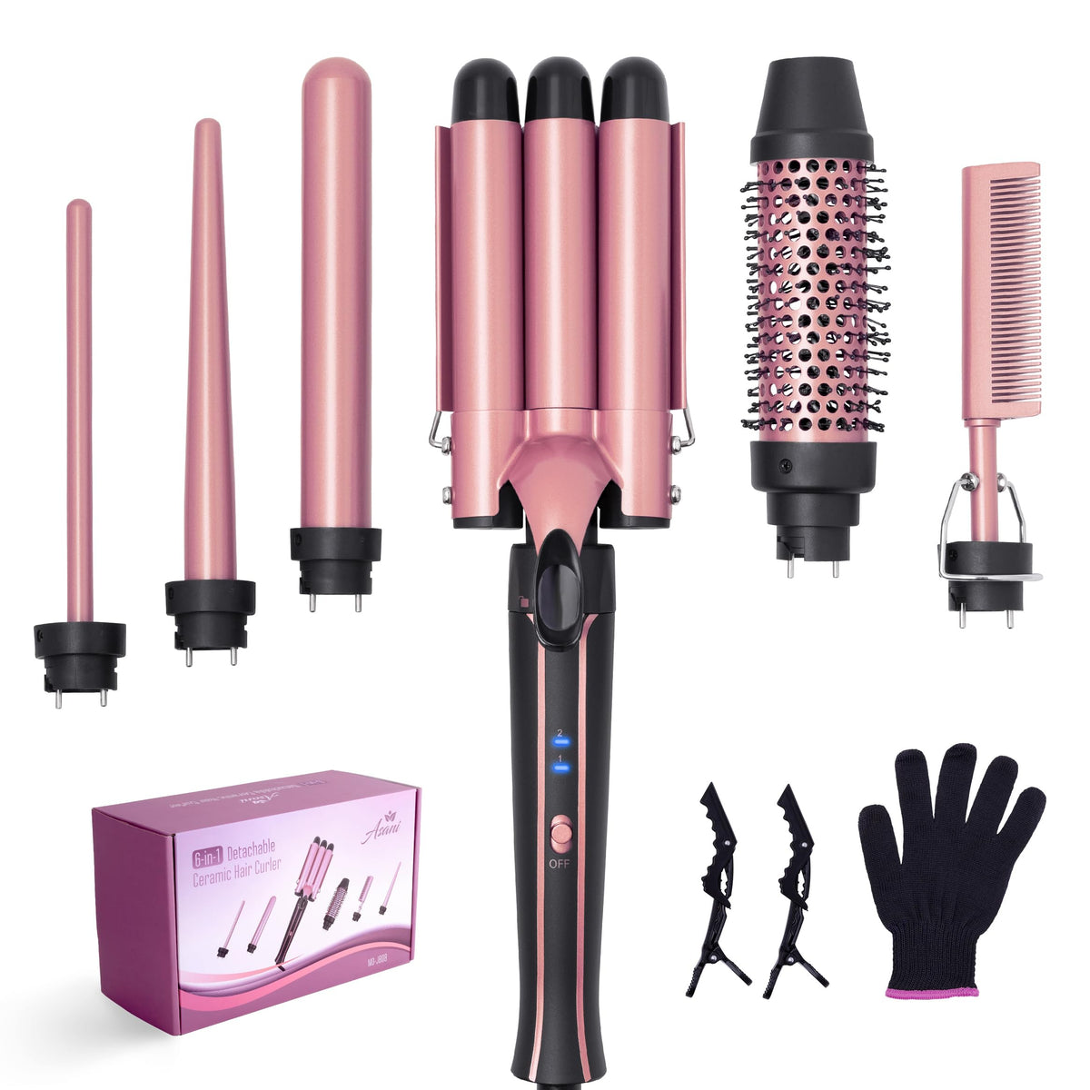 Asani 6-in-1 curling wand front view shows versatile styling options for waves and curls