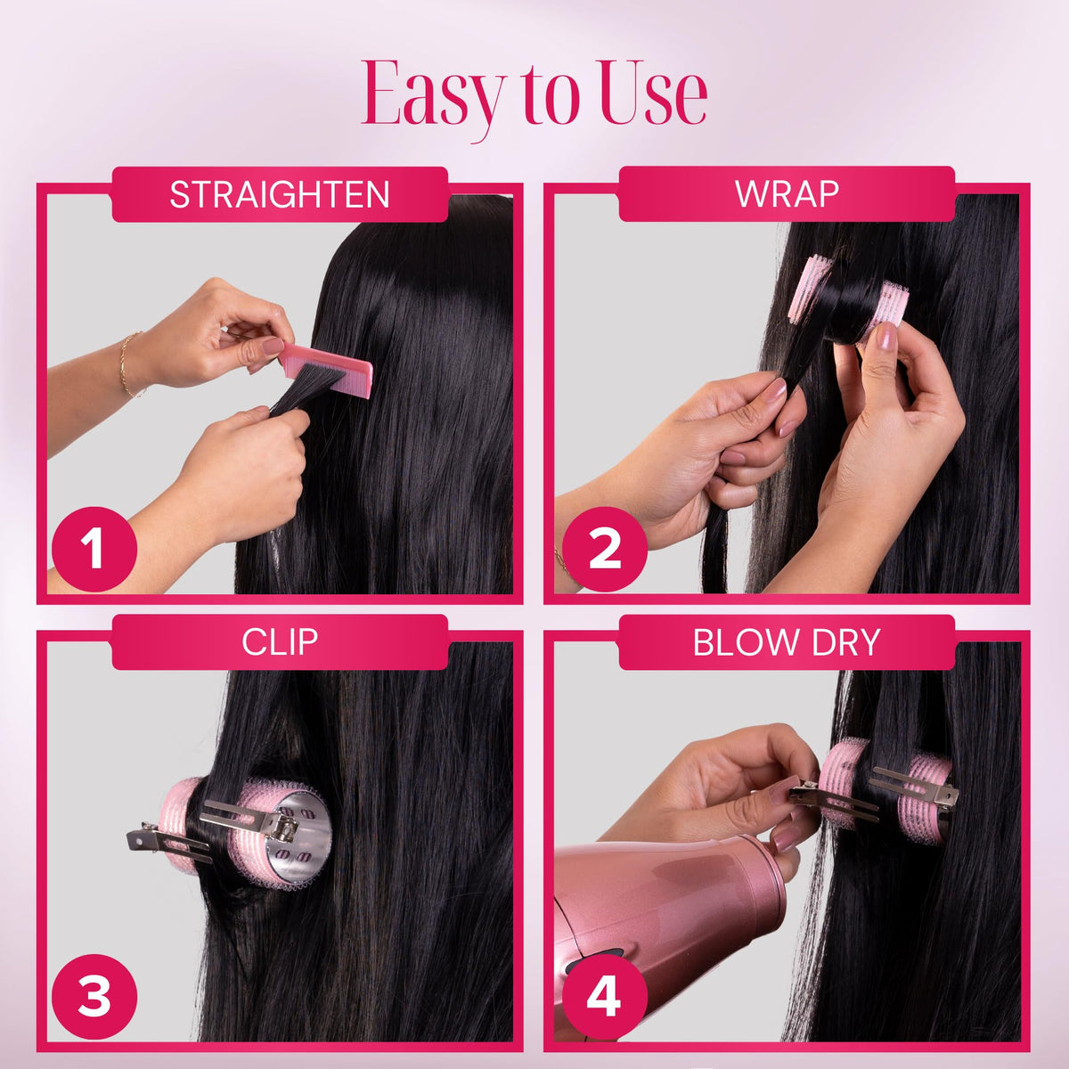 Asani long-hair styling with large rollers for added volume.