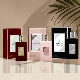 Close-up of Asdaaf Ameerat Al Arab Prive Rose box, luxurious design.