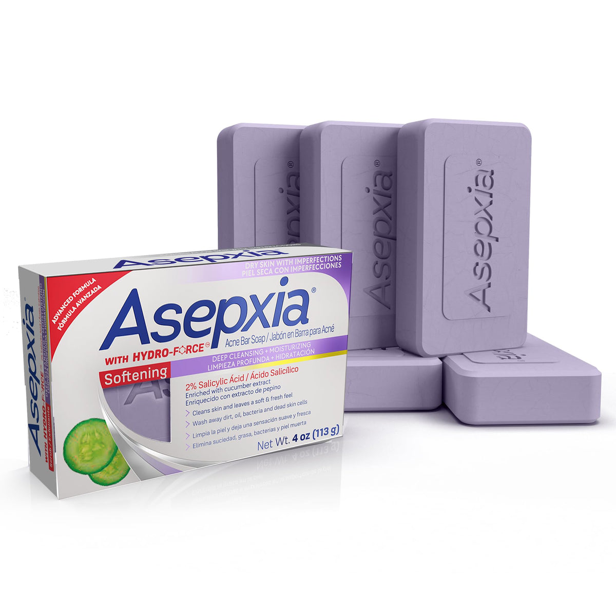 Asepxia acne bar soap with 2% salicylic acid cleanses pores for clearer skin.