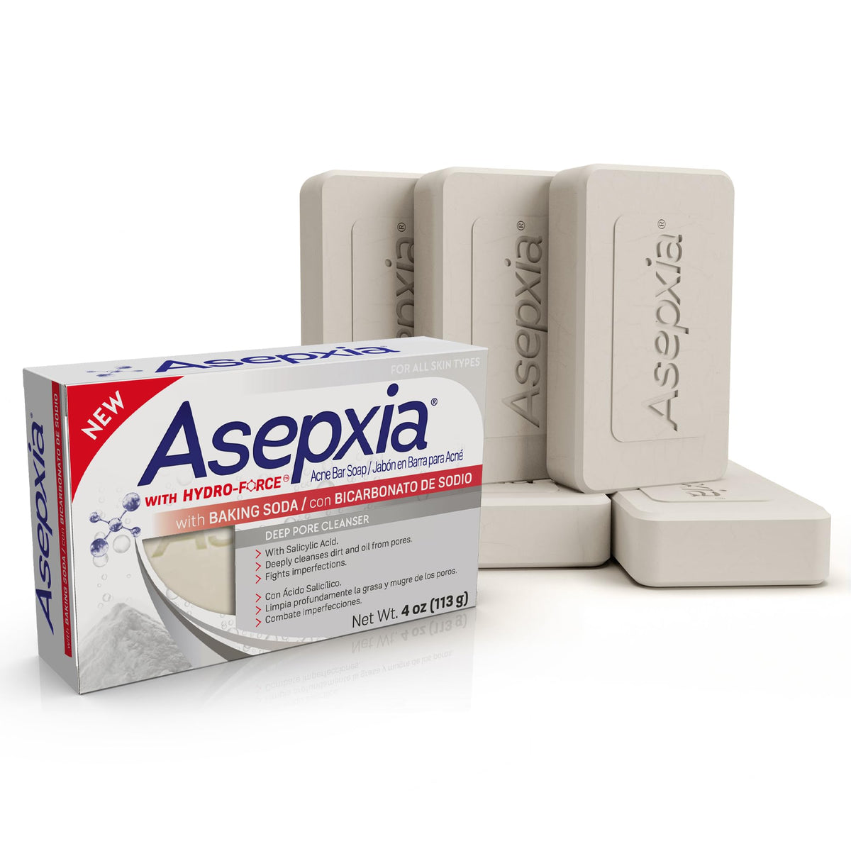 Asepxia acne bar soap with baking soda, pack shot, helps clear pores and reduce oil.