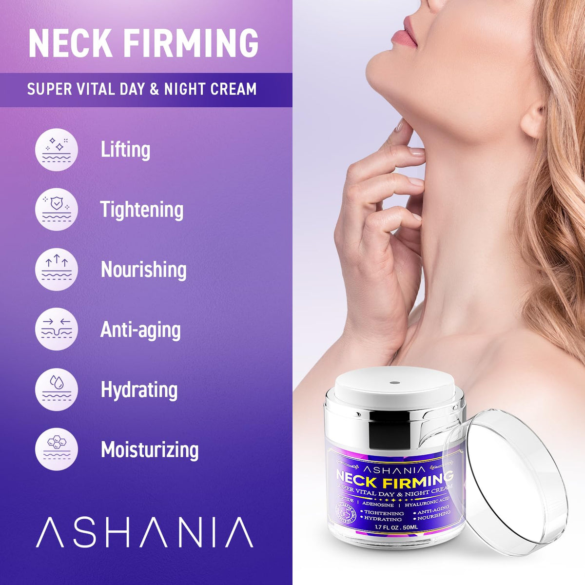 Ashania neck cream application motion demonstrates upward massage for a smoother neckline.
