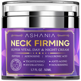Ashania Neck Firming Cream bottle closeup showing premium texture for firmer-looking skin.