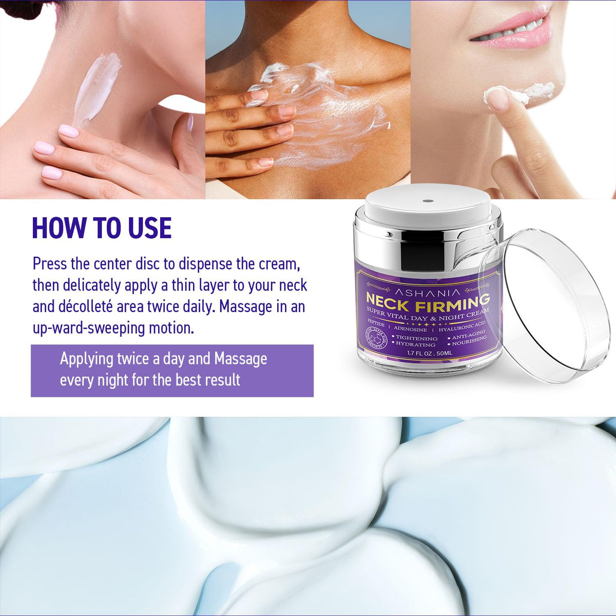 Ashania Neck Firming Cream texture swatch highlights rich yet lightweight formula for daily use.