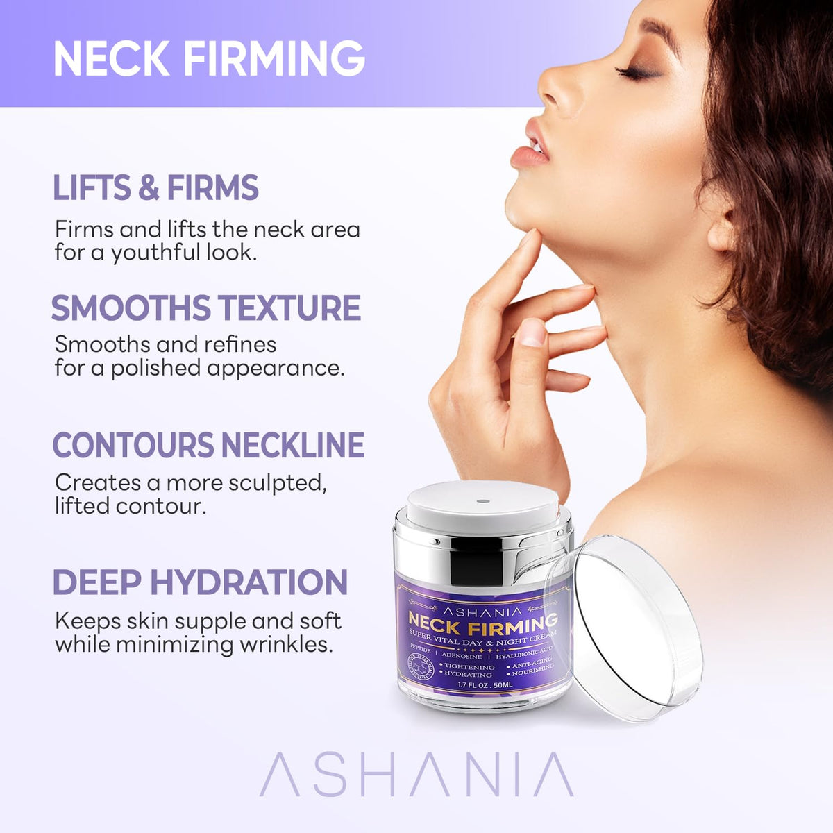 Ashania neck texture closeup shows firmer-looking skin with peptide and adenosine support.