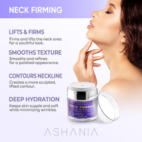Ashania neck texture closeup shows firmer-looking skin with peptide and adenosine support.