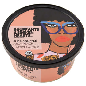 Ashanti Naturals scented whipped shea butter jar shows juicy peach soufflé for silky skin and deep hydration.