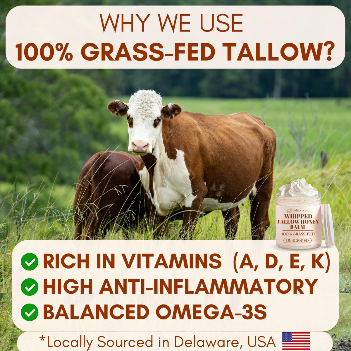 ASHTON CARE grass-fed tallow nutrient label featured on jar