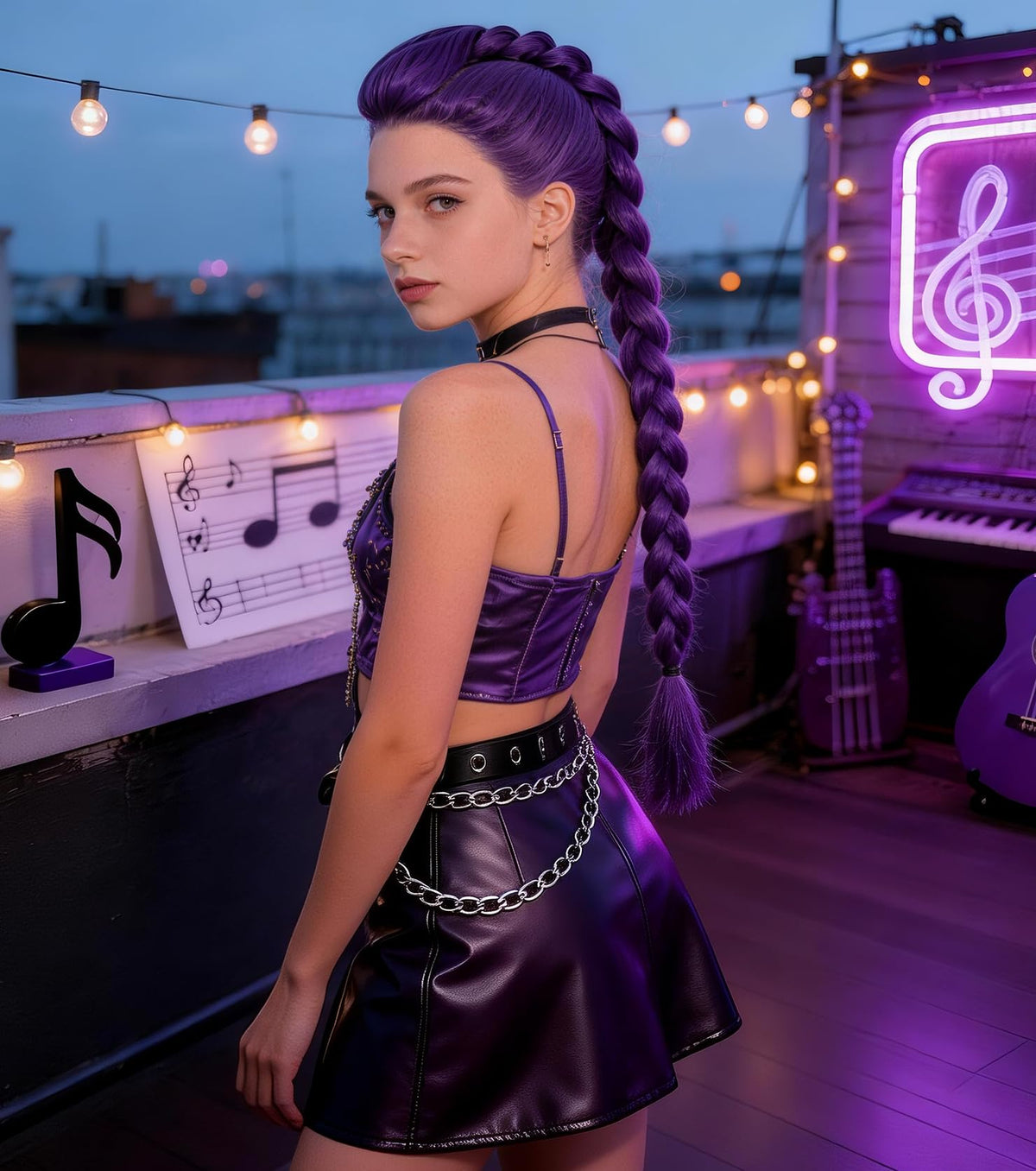 ASINWIN purple long braided ponytail wig braid detail showing vibrant color and texture