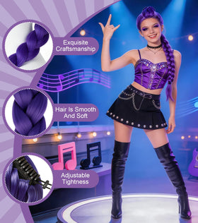 ASINWIN purple long braided ponytail wig clip-on application for quick cosplay