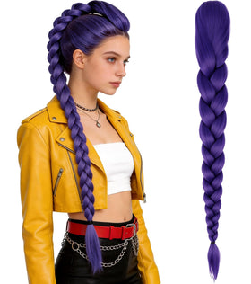 ASINWIN purple long braided ponytail wig front view for cosplay and anime styling