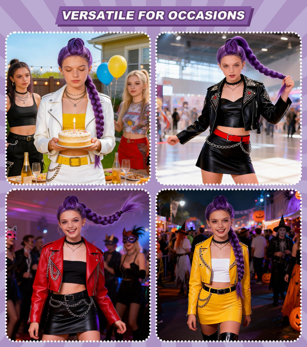 ASINWIN purple long braided ponytail wig stage-ready for events and conventions