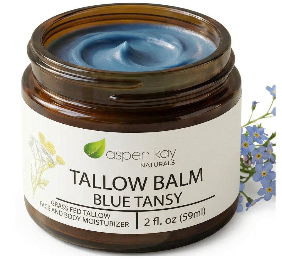 Aspen Kay Naturals beef tallow balm with blue tansy for deep, non-greasy moisture