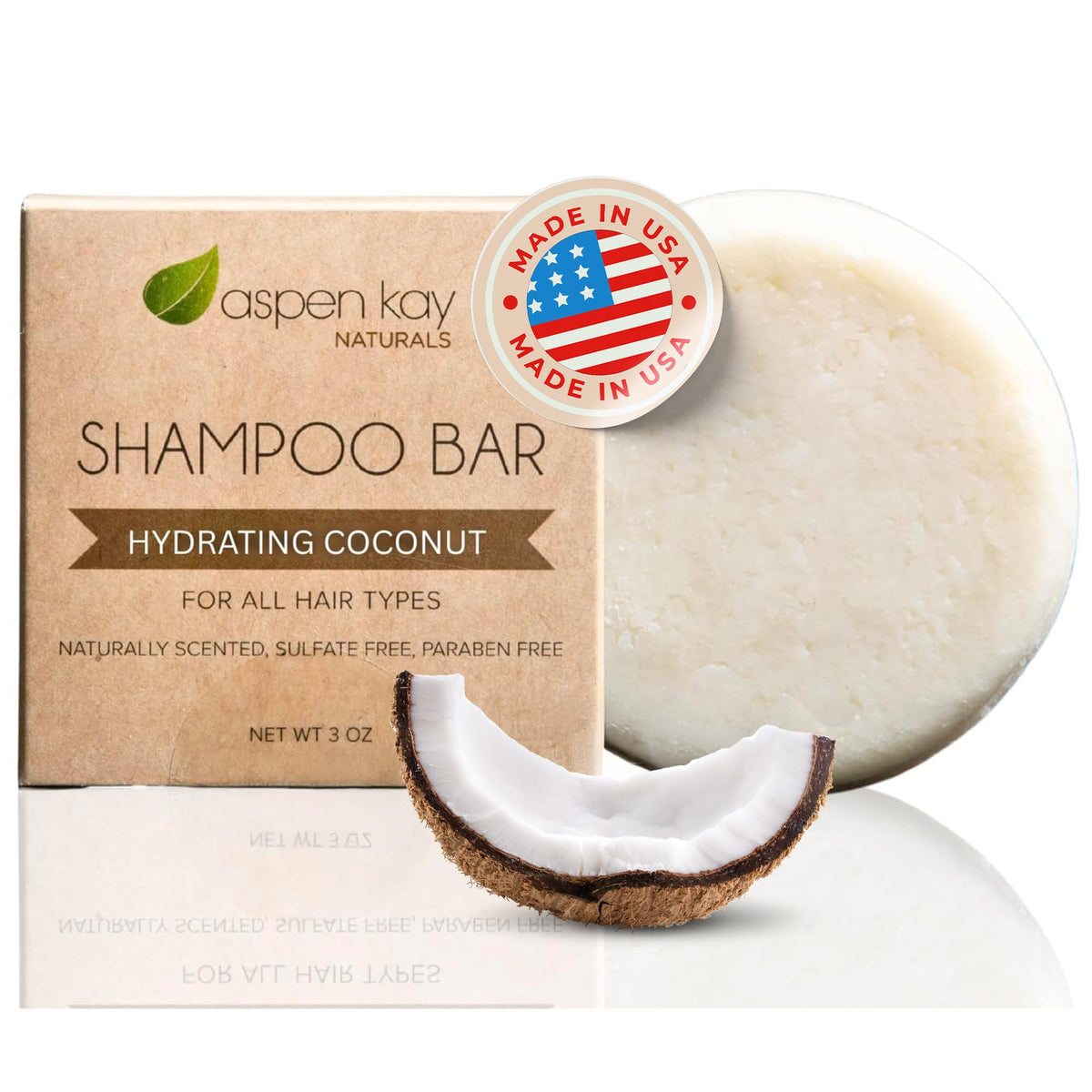 Aspen Kay Naturals shampoo bar packaging shows eco-friendly design for travel.
