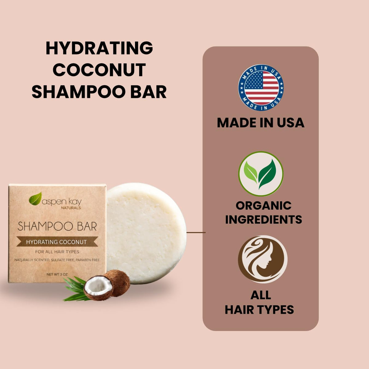 Aspen Kay Naturals shampoo bar unwrapped reveals compact solid formula ideal for travel.